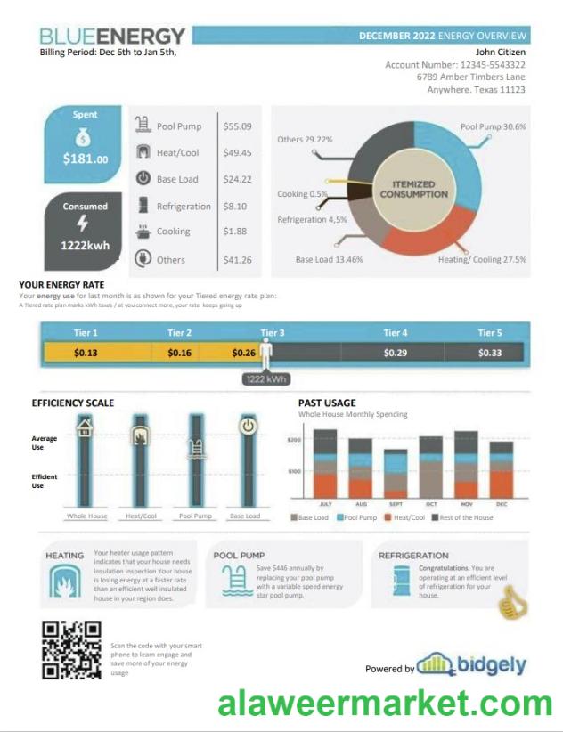 USA Texas Blue Energy utility bill, Word and PDF template